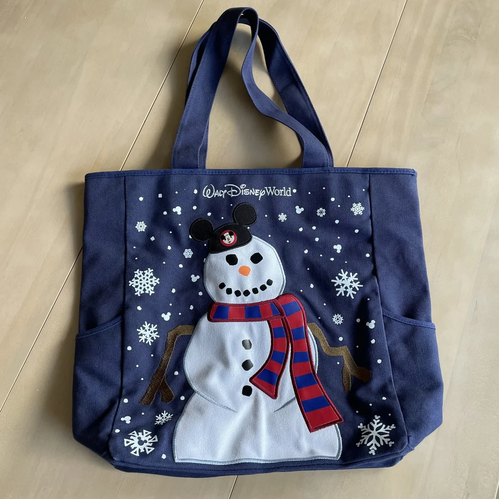 Disney Parks Mickey Mouse Snowman Christmas Holiday Canvas Tote Bag‎